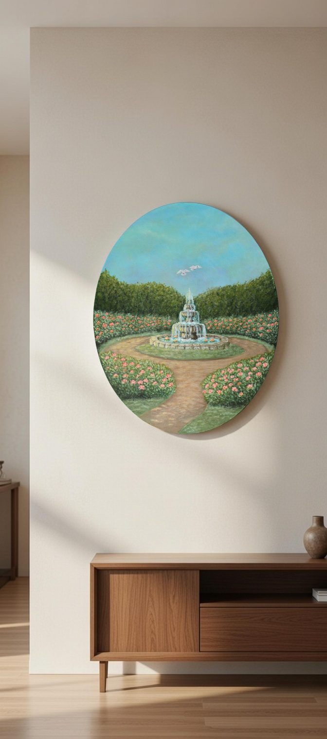 Fountain of Love - Romantic Cottagecore Oval Acrylic Painting (40x50 cm) - Image 4