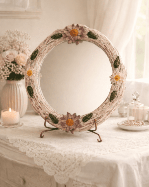 This sculpted pink roses wall mirror, inspired by Van Gogh's "Pink Roses", adds elegance to your home. Unique 3D floral handmade decor for your interior.