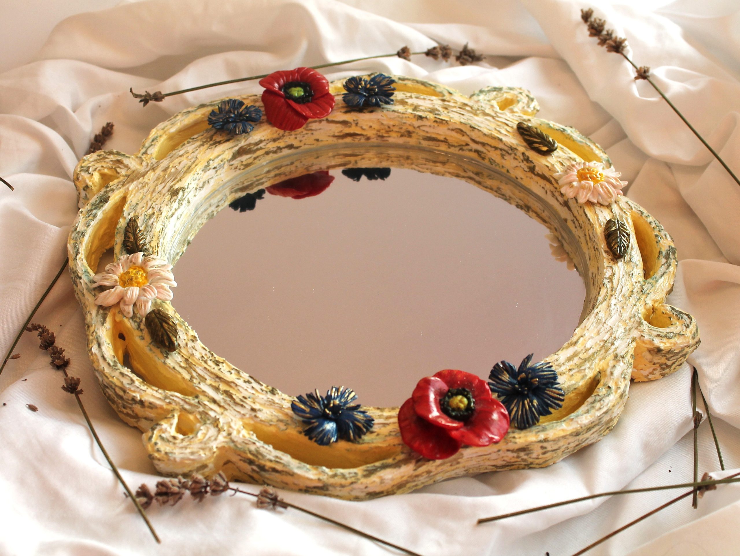 Yellow Van Gogh Inspired Mirror - Custom Floral Mirror with Magnetic Poppies, Cornflowers, Daisies (27x27 cm) - Image 3