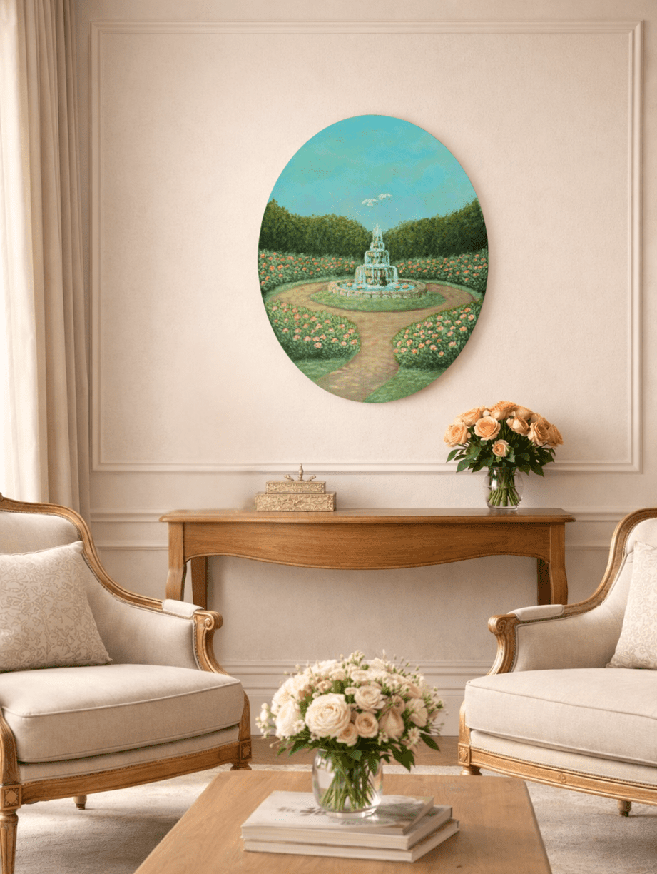 Fountain of Love - Romantic Cottagecore Oval Acrylic Painting (40x50 cm) - Image 7