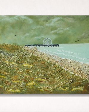 textured coastal landscape painting with lighthouse