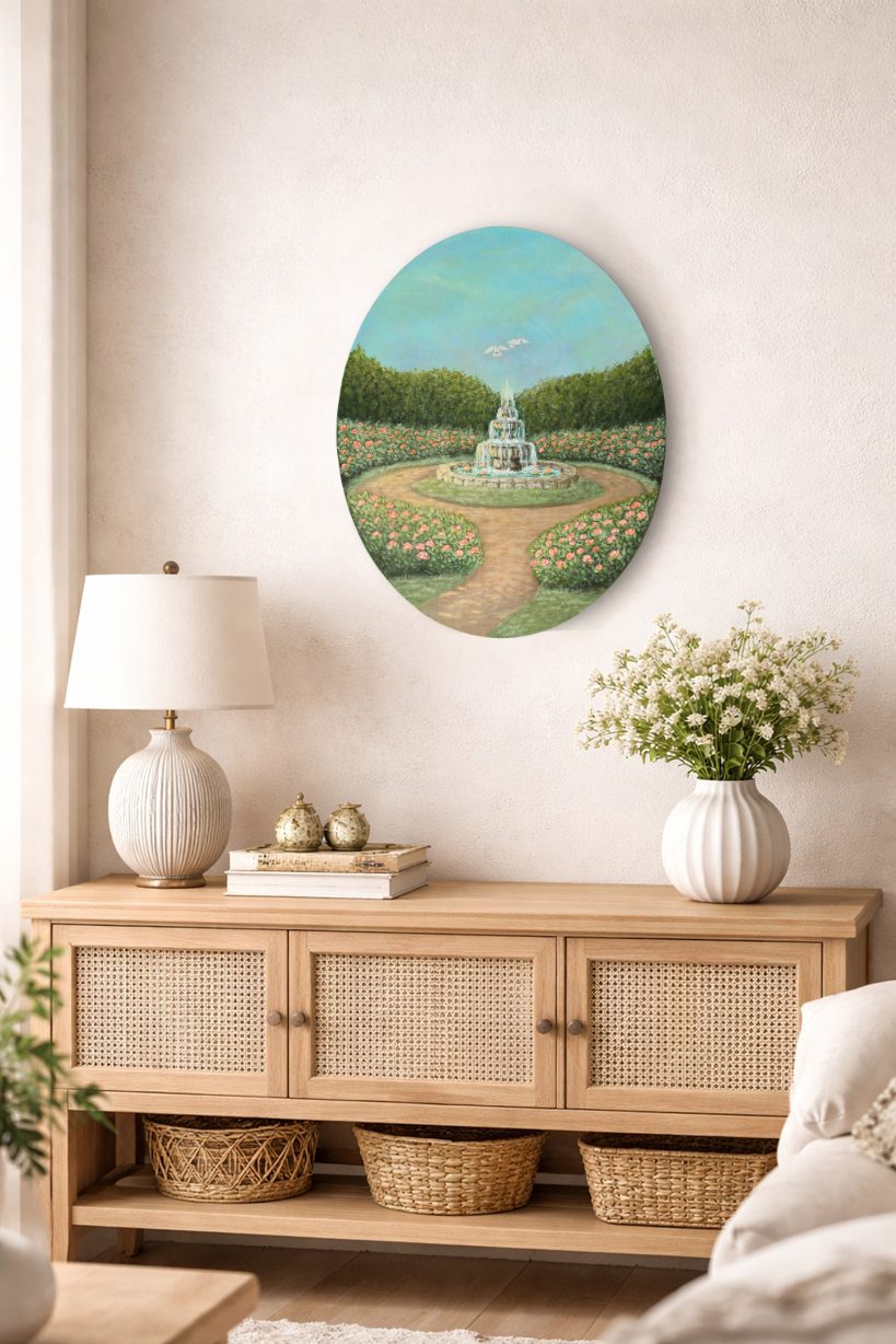 Fountain of Love - Romantic Cottagecore Oval Acrylic Painting (40x50 cm) - Image 2