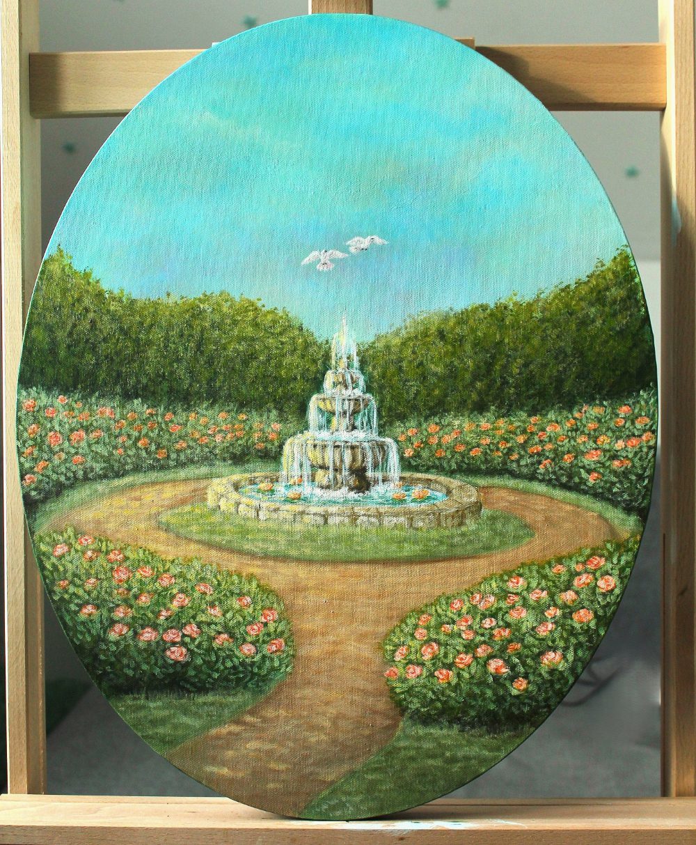Fountain of Love - Romantic Cottagecore Oval Acrylic Painting (40x50 cm) - Image 5