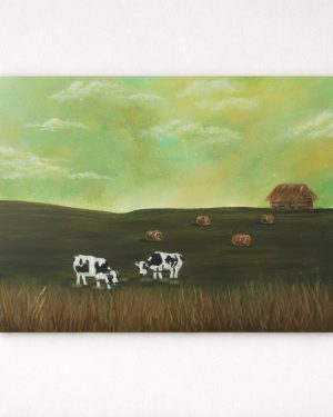pastoral landscape painting with cows in a field