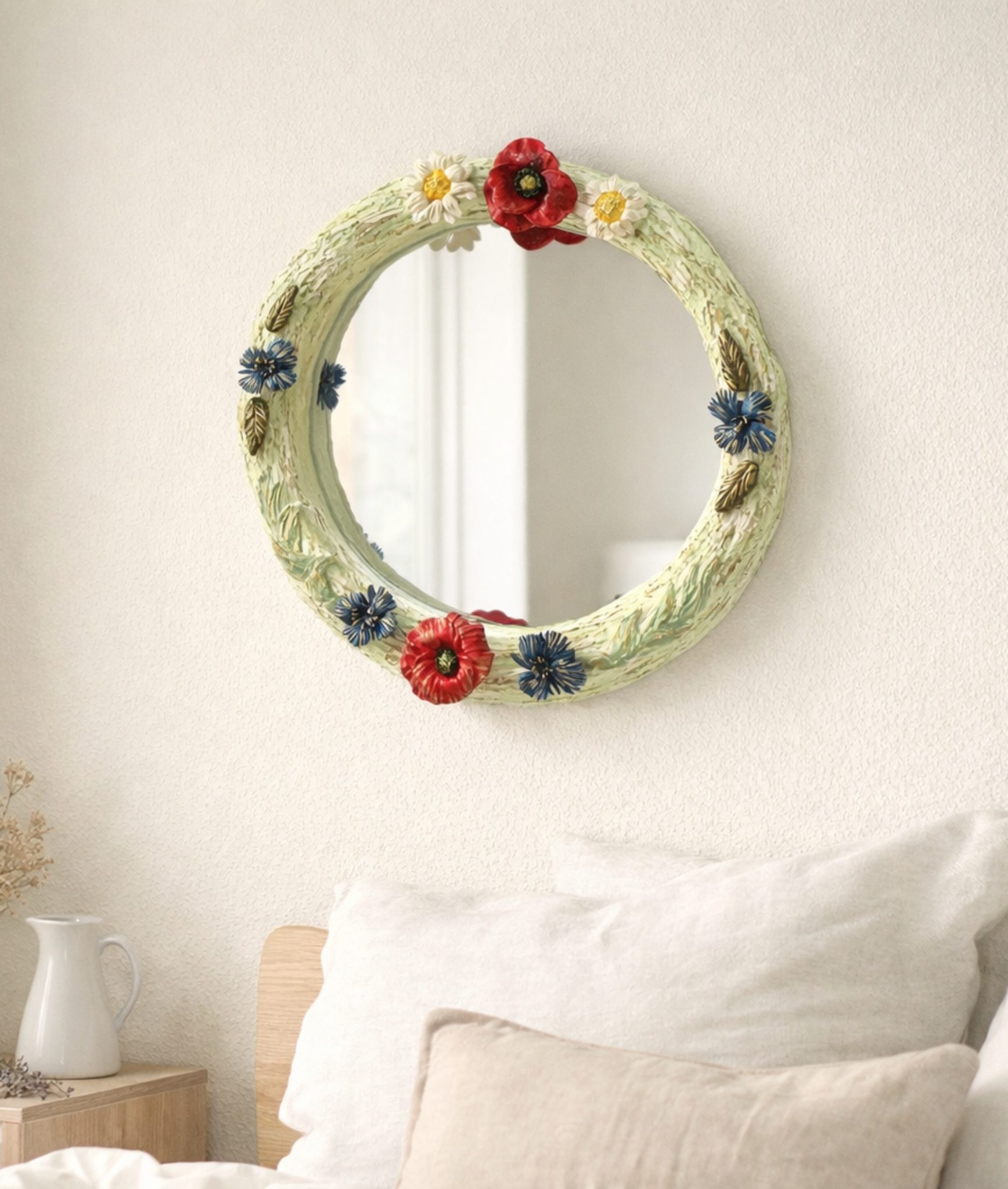 Van Gogh Inspired Mirror- Green Floral Decorative Mirror with Magnetic Poppies (27x27 cm) - Image 2