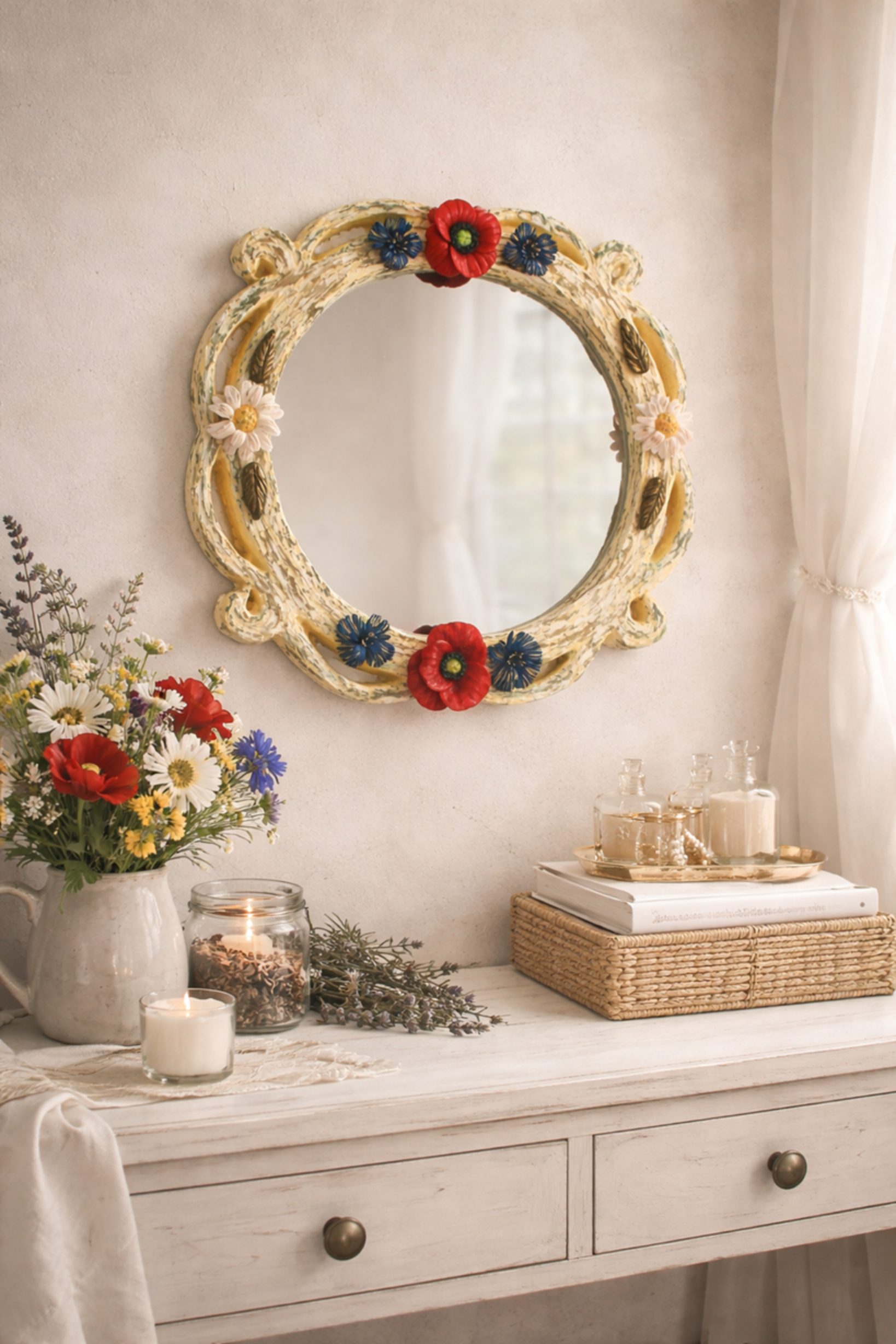 Yellow Van Gogh Inspired Mirror - Custom Floral Mirror with Magnetic Poppies, Cornflowers, Daisies (27x27 cm) - Image 2
