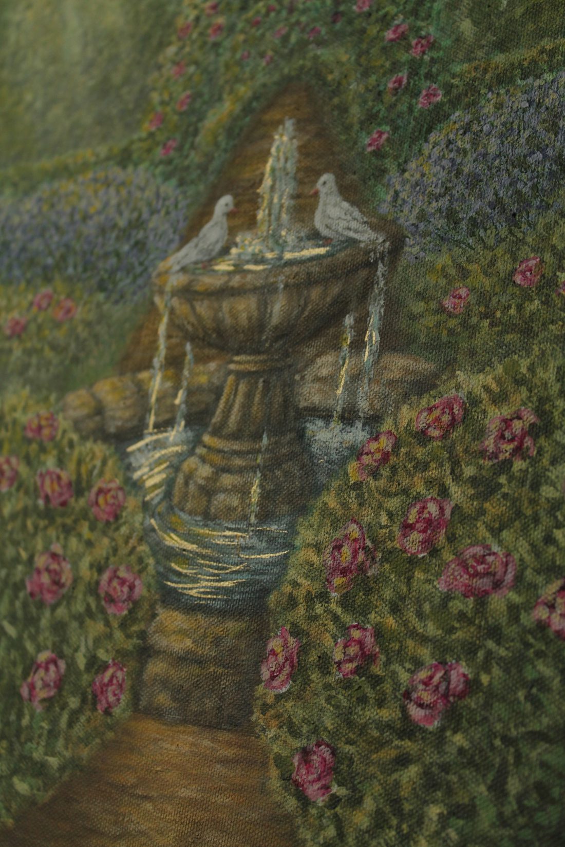 Original Acrylic Painting on Oval Canvas - "Lover's Path" 40x50 cm, Romantic Garden Wall Art with Fountain and Doves, Secret Garden Home Decor - Image 9