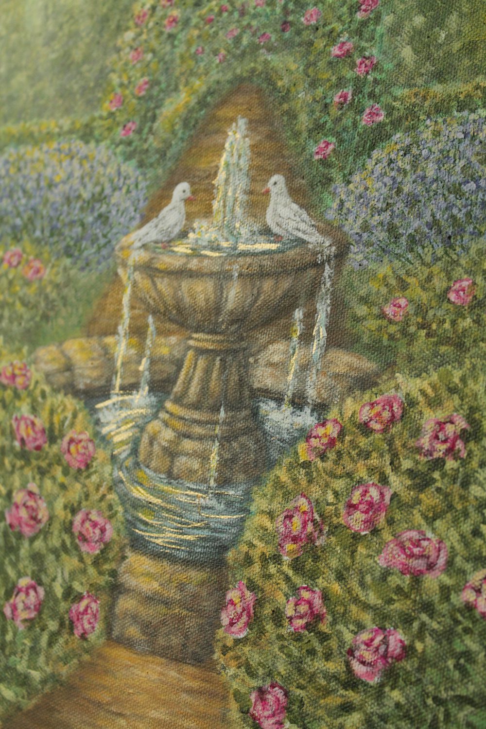 Original Acrylic Painting on Oval Canvas - "Lover's Path" 40x50 cm, Romantic Garden Wall Art with Fountain and Doves, Secret Garden Home Decor - Image 10
