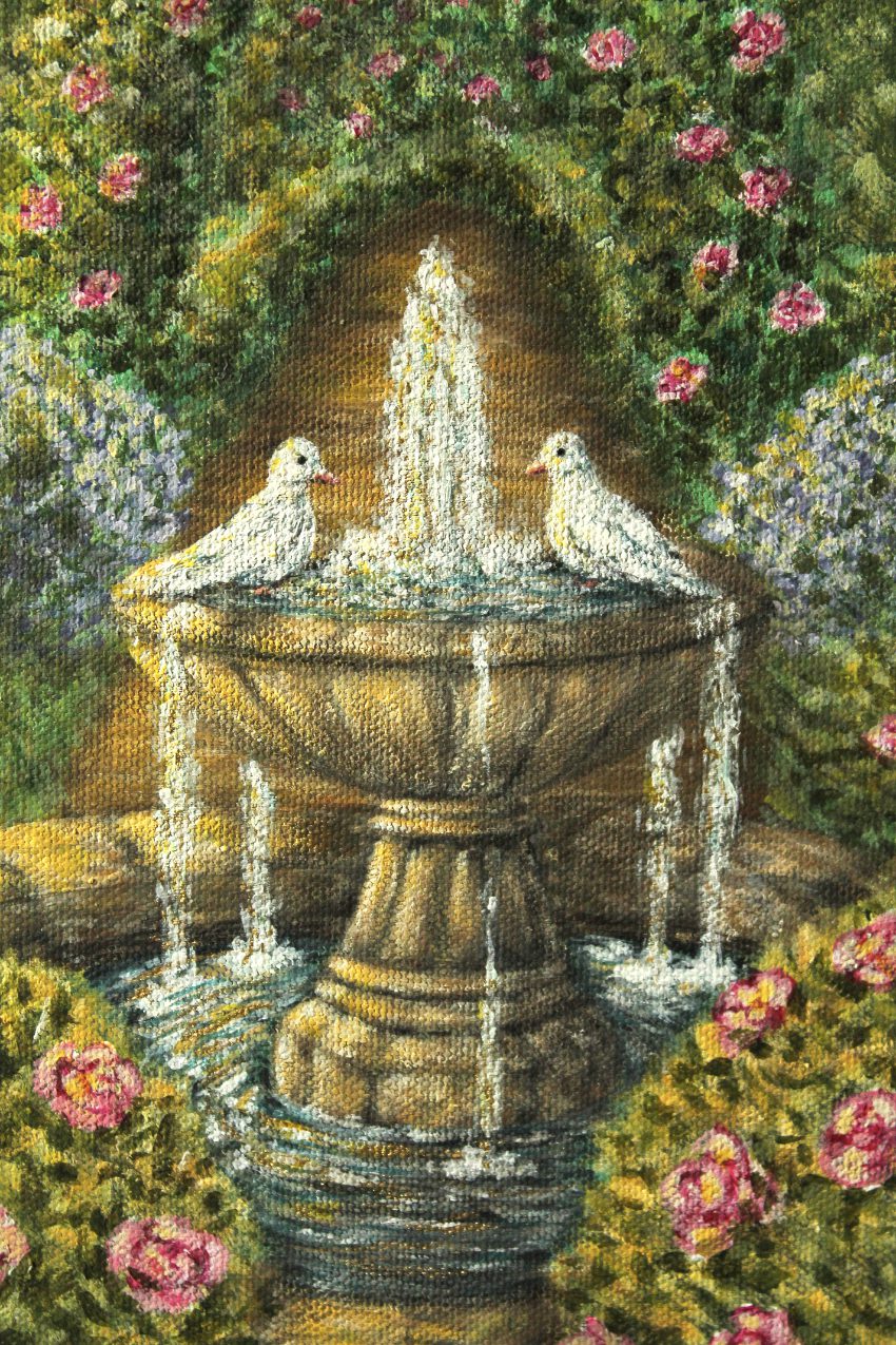 Original Acrylic Painting on Oval Canvas - "Lover's Path" 40x50 cm, Romantic Garden Wall Art with Fountain and Doves, Secret Garden Home Decor - Image 6
