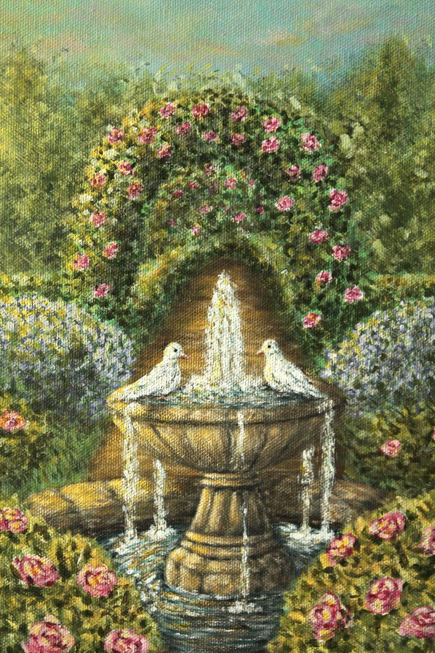 Original Acrylic Painting on Oval Canvas - "Lover's Path" 40x50 cm, Romantic Garden Wall Art with Fountain and Doves, Secret Garden Home Decor - Image 7