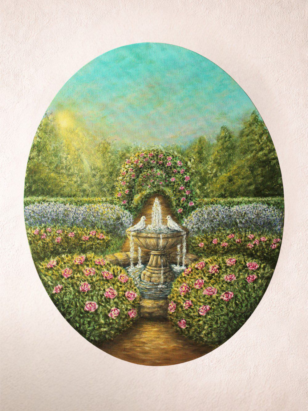 Original Acrylic Painting on Oval Canvas - "Lover's Path" 40x50 cm, Romantic Garden Wall Art with Fountain and Doves, Secret Garden Home Decor - Image 2