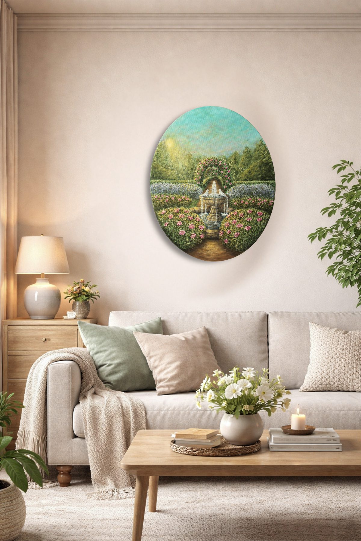 Original Acrylic Painting on Oval Canvas - "Lover's Path" 40x50 cm, Romantic Garden Wall Art with Fountain and Doves, Secret Garden Home Decor - Image 3