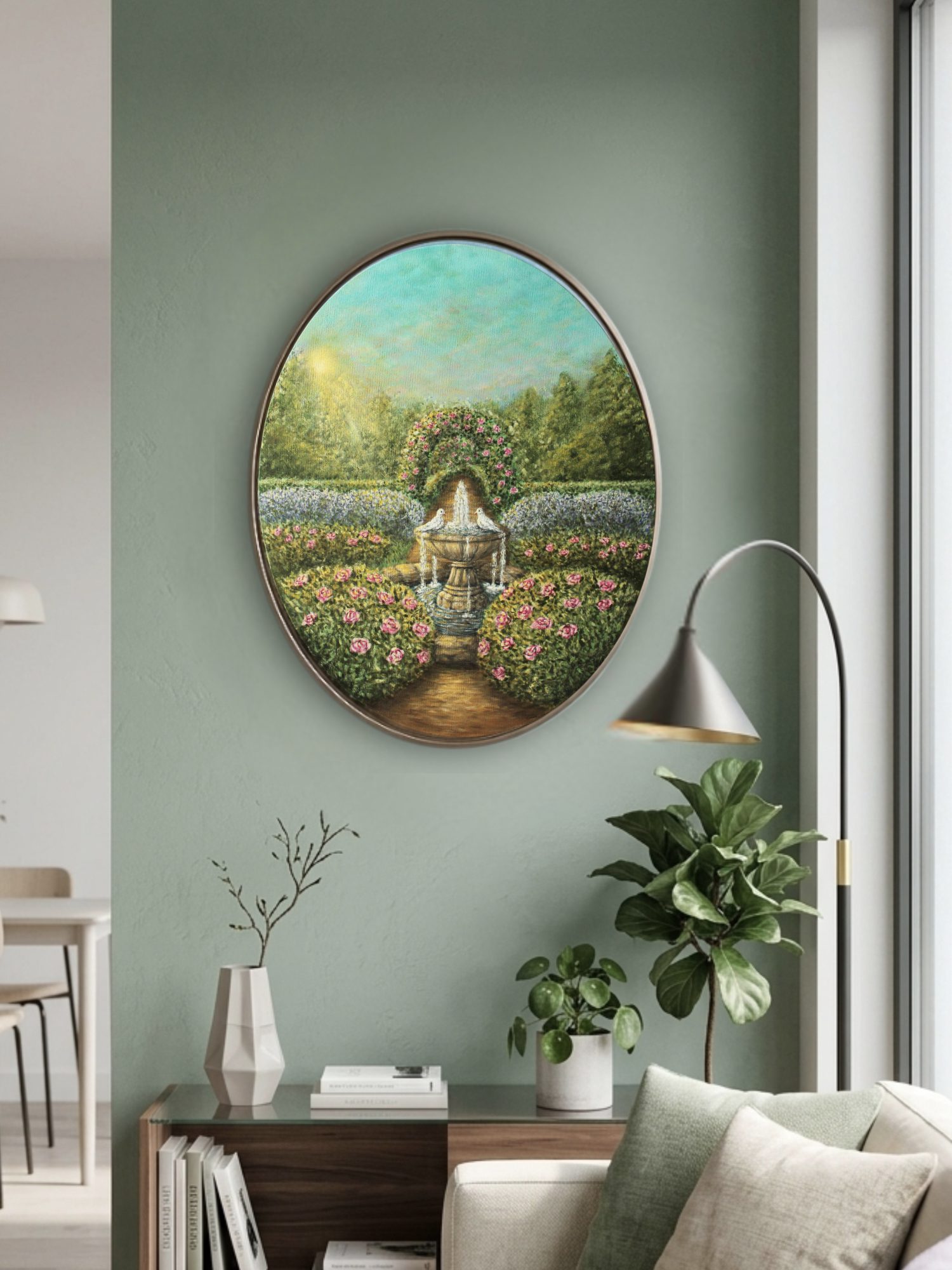 Original Acrylic Painting on Oval Canvas - "Lover's Path" 40x50 cm, Romantic Garden Wall Art with Fountain and Doves, Secret Garden Home Decor - Image 4
