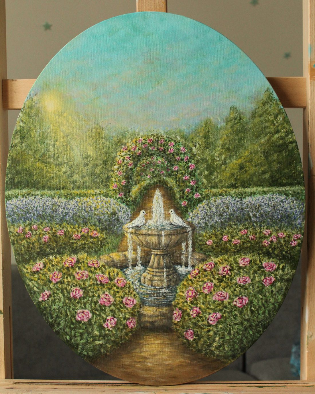 Original Acrylic Painting on Oval Canvas - "Lover's Path" 40x50 cm, Romantic Garden Wall Art with Fountain and Doves, Secret Garden Home Decor - Image 5