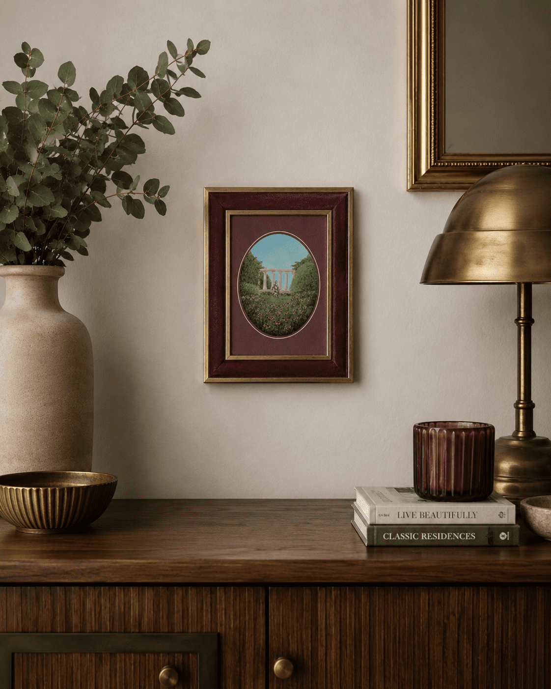 "Garden of Roses" - Framed Mini Art Print in Luxury Burgundy Velvet (15x20 cm) - Image 3