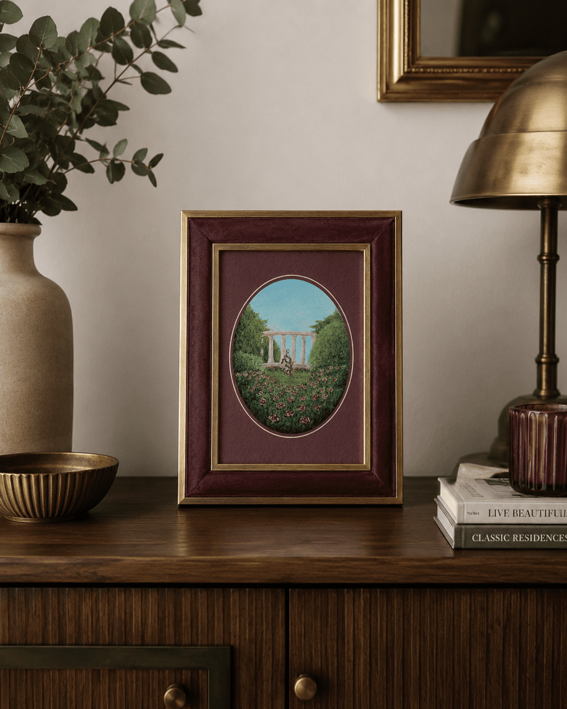 "Garden of Roses" - Framed Mini Art Print in Luxury Burgundy Velvet (15x20 cm) - Image 2