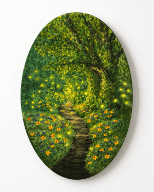 Original Oval Acrylic Painting Firefly Path mini hand-painted forest scenery by FleszArt Studio