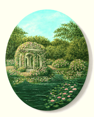 Original Acrylic Painting on Oval Canvas Pond of pink dreams romantic garden with rose gazebo and water lilies by FleszArt Studio