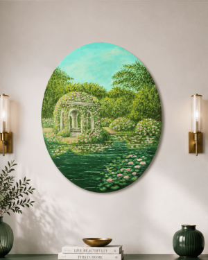 Original Acrylic Painting on Oval Canvas Pond of pink dreams romantic garden with rose gazebo and water lilies by FleszArt Studio
