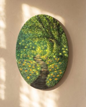 Original Oval Acrylic Painting Firefly Path mini hand-painted forest scenery by FleszArt Studio